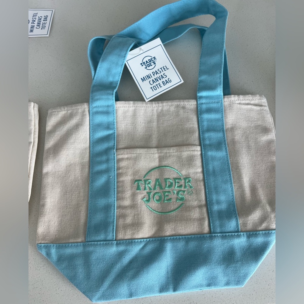 Trader Joe's Cream & Light Pastel Blue Mini Canvas Tote Bag